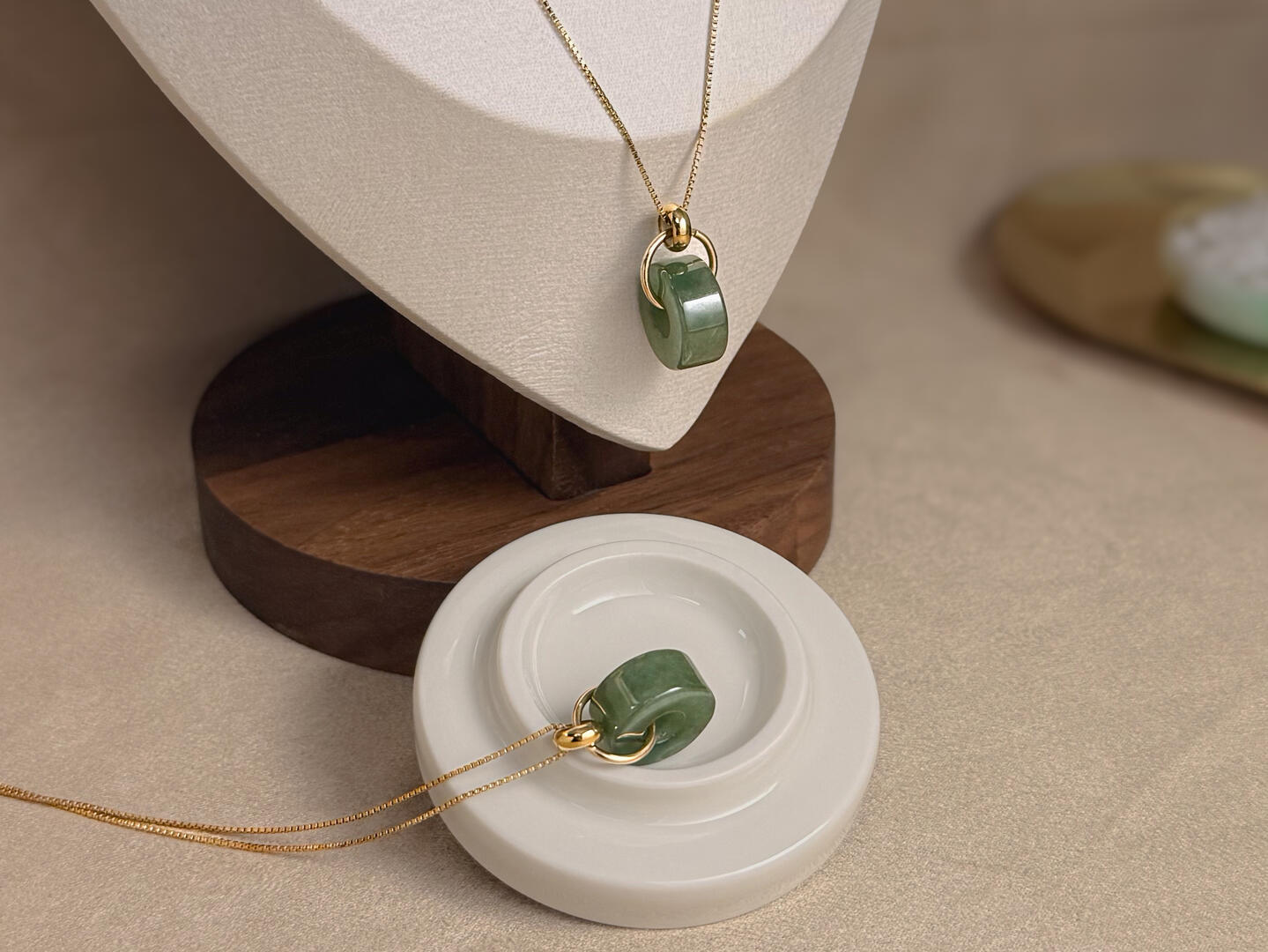 Close up Jadeite Sheer White Leaf with intense green spacer on white disc
