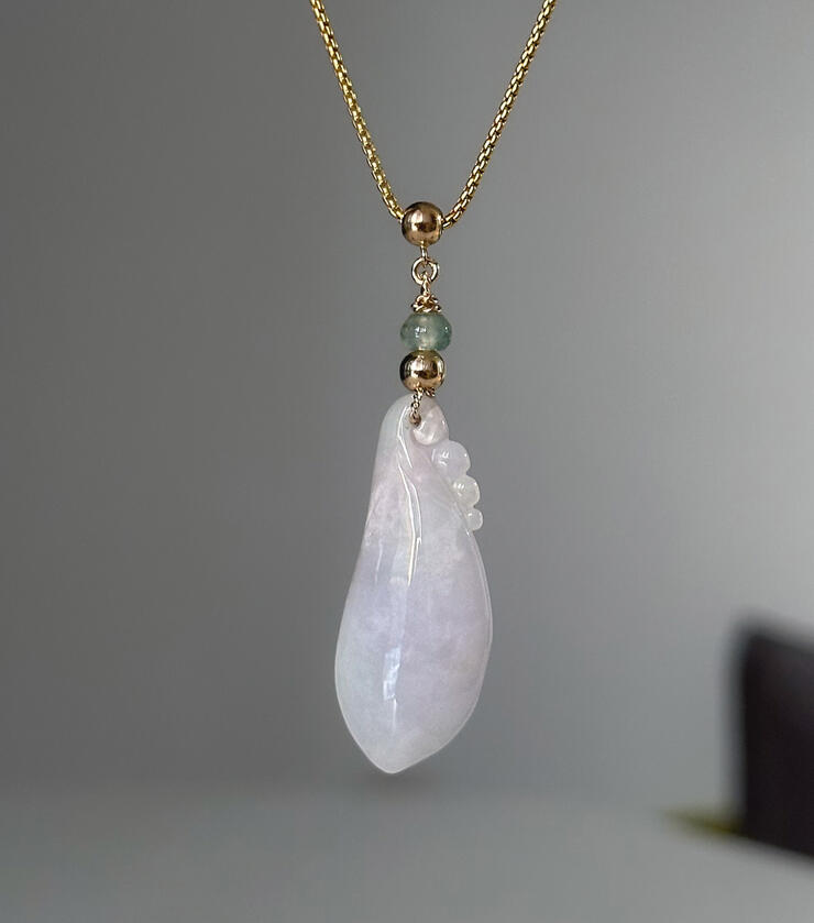 Lilliac coloured jadeite pendant with gold and translucent greenish jadeite bead made bail